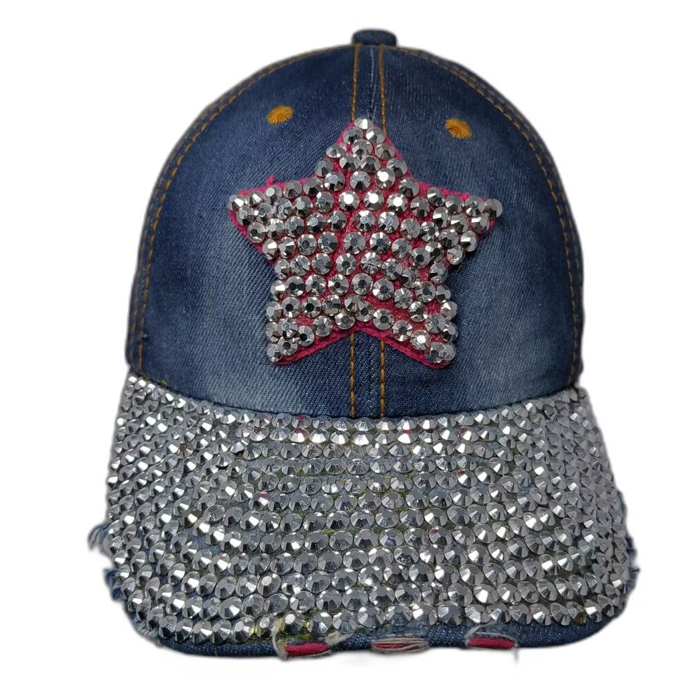 Magid Baseball Cap Blue Pink OS Slideback Rhinestone Star Distressed Denim Hat